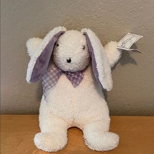 Heatable Huggable White Plush Bunny with Lavender Ears and Gingham Bow